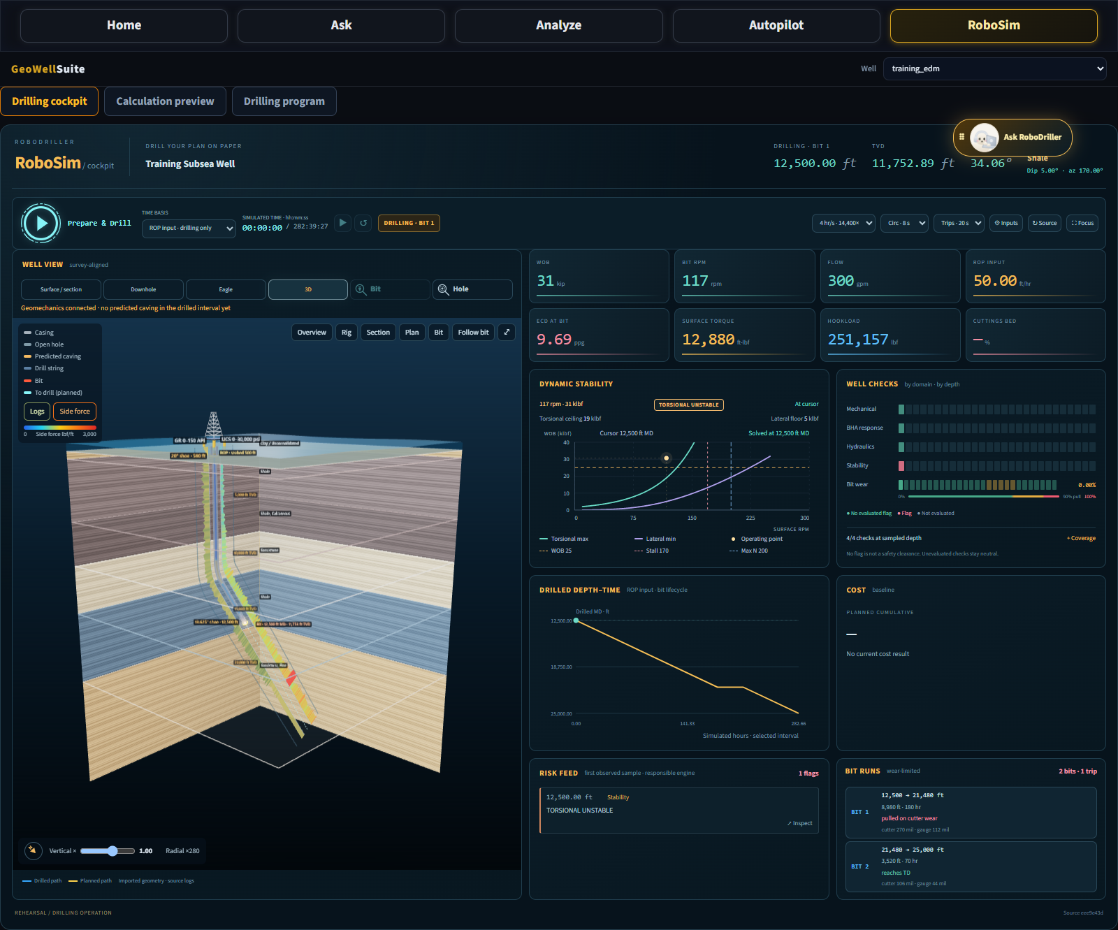 Current RoboSim 3D well view showing the drillstring, planned trajectory, rig and formation layers