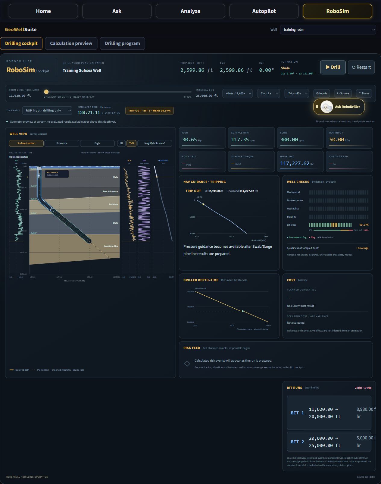 RoboSim trip-out rehearsal displaying string position, hookload guidance, bit wear and depth–time replay