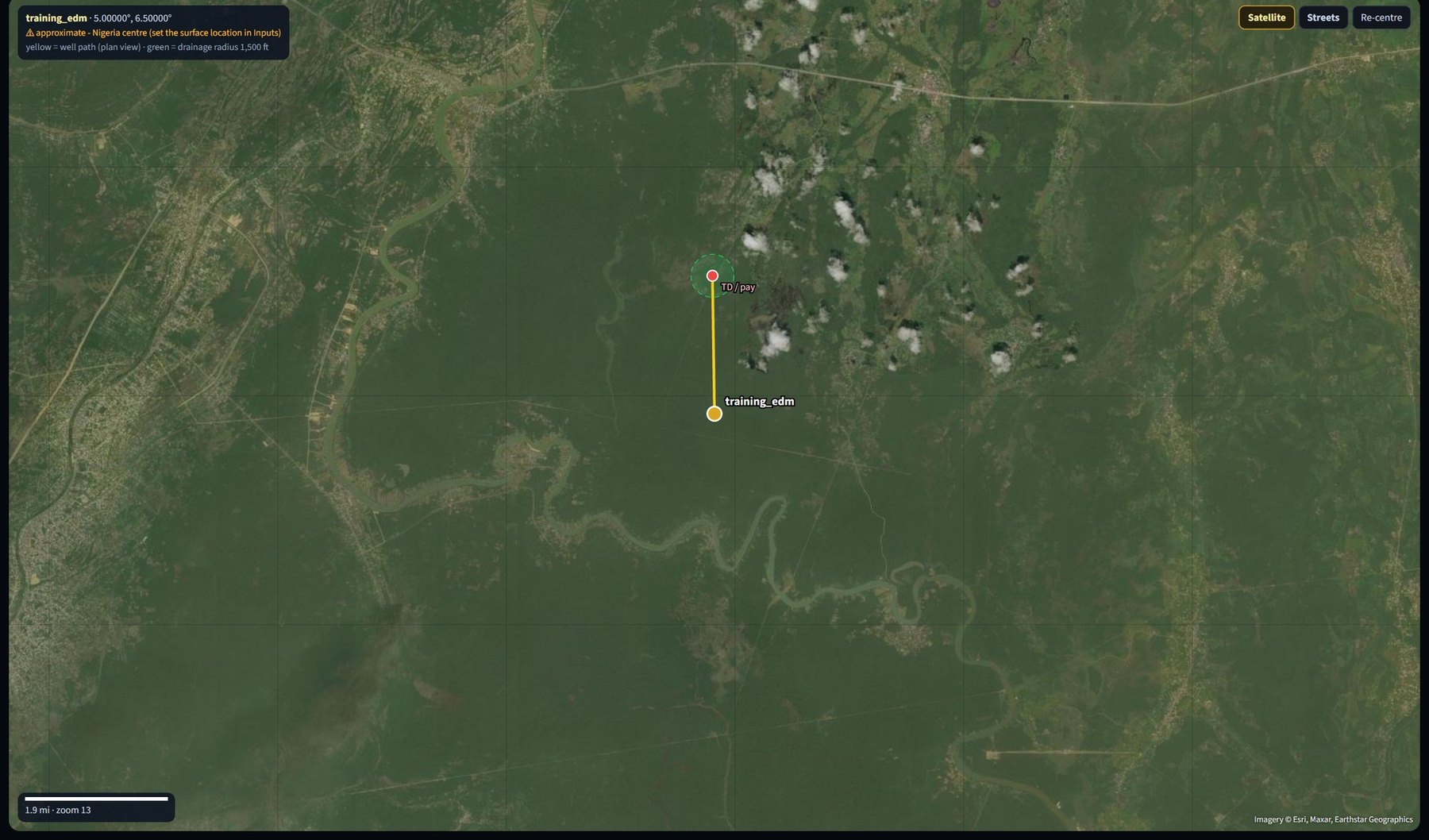 SigmaPulse satellite map at the well's surface location showing the well path in plan view and the drainage radius