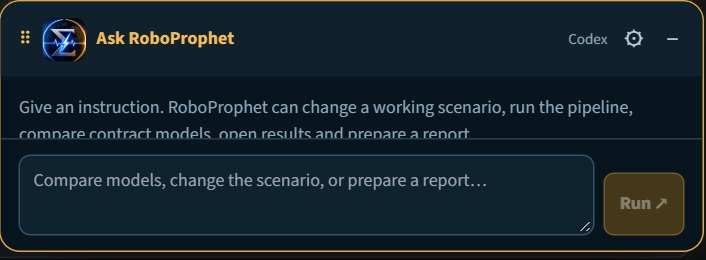 AskRoboProphet assistant panel in SigmaPulse with an instruction box to compare models, change the scenario or prepare a report